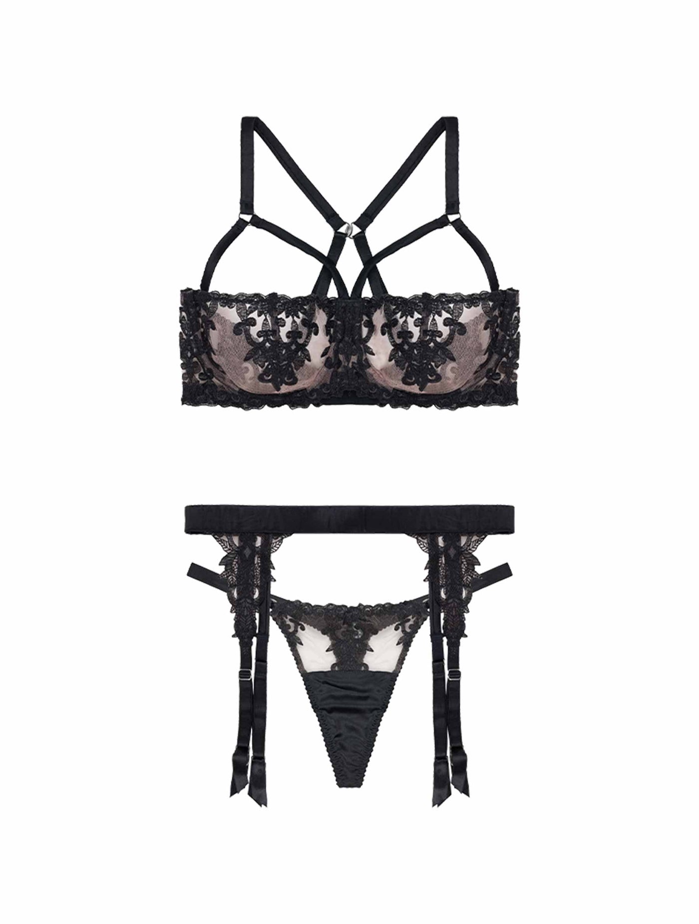 Fleur of England Onyx Luxury Strap Balcony Bra, Strap Thong & Suspender Belt