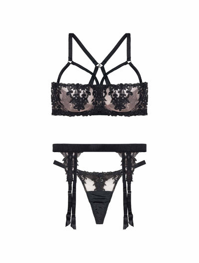 Fleur of England Onyx Luxury Strap Balcony Bra, Strap Thong & Suspender Belt