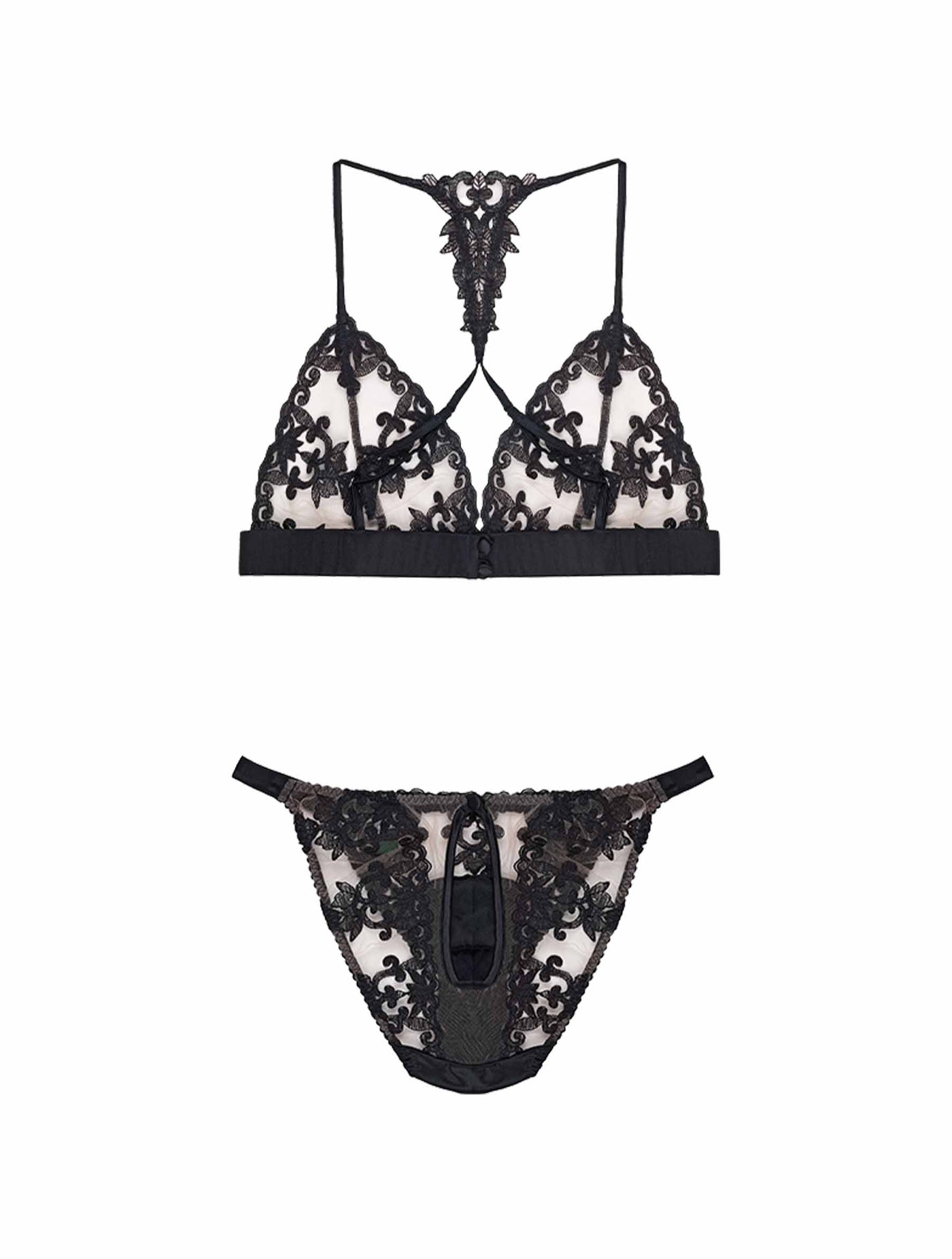 Back view of the Luxury Onyx Boudoir Bra & Ouvert Brief with bespoke embroidery and sheer tulle by Fleur of England