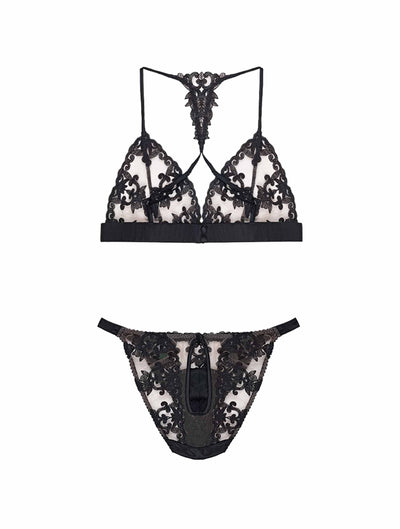 Back view of the Luxury Onyx Boudoir Bra & Ouvert Brief with bespoke embroidery and sheer tulle by Fleur of England