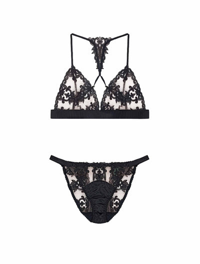 Front view of the Luxury Onyx Boudoir Bra & Ouvert Brief with bespoke embroidery and sheer tulle by Fleur of England