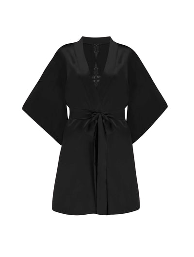 Front view of the luxury Onyx silk robe with bespoke embroidery and stretch silk satin by Fleur of England 