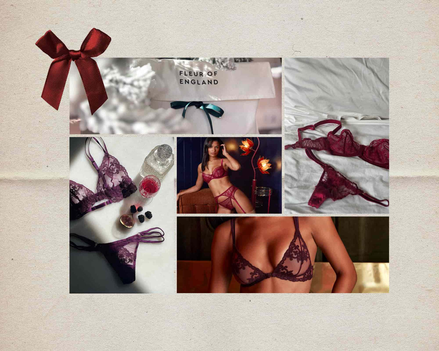 Collage of images featuring lace lingerie with a decorative bow on a textured background.