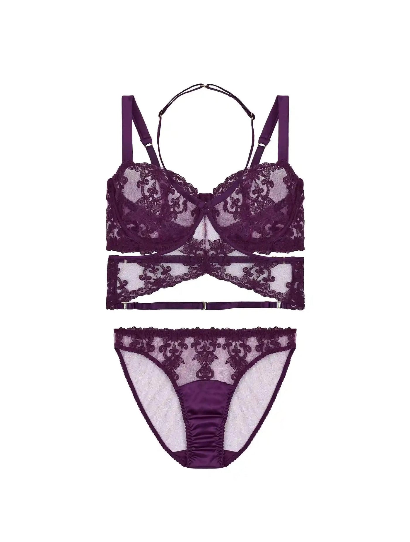 Front view of FleurOfEngland Purple Luxury Underwired Balcony Bra,Harness & Brief Set