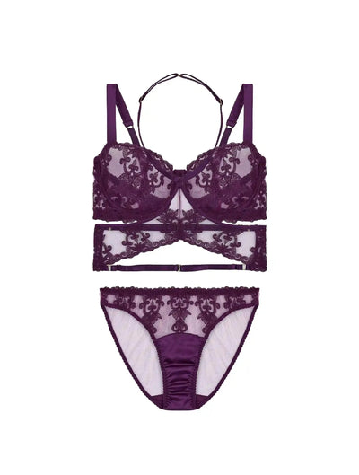 Front view of FleurOfEngland Purple Luxury Underwired Balcony Bra,Harness & Brief Set