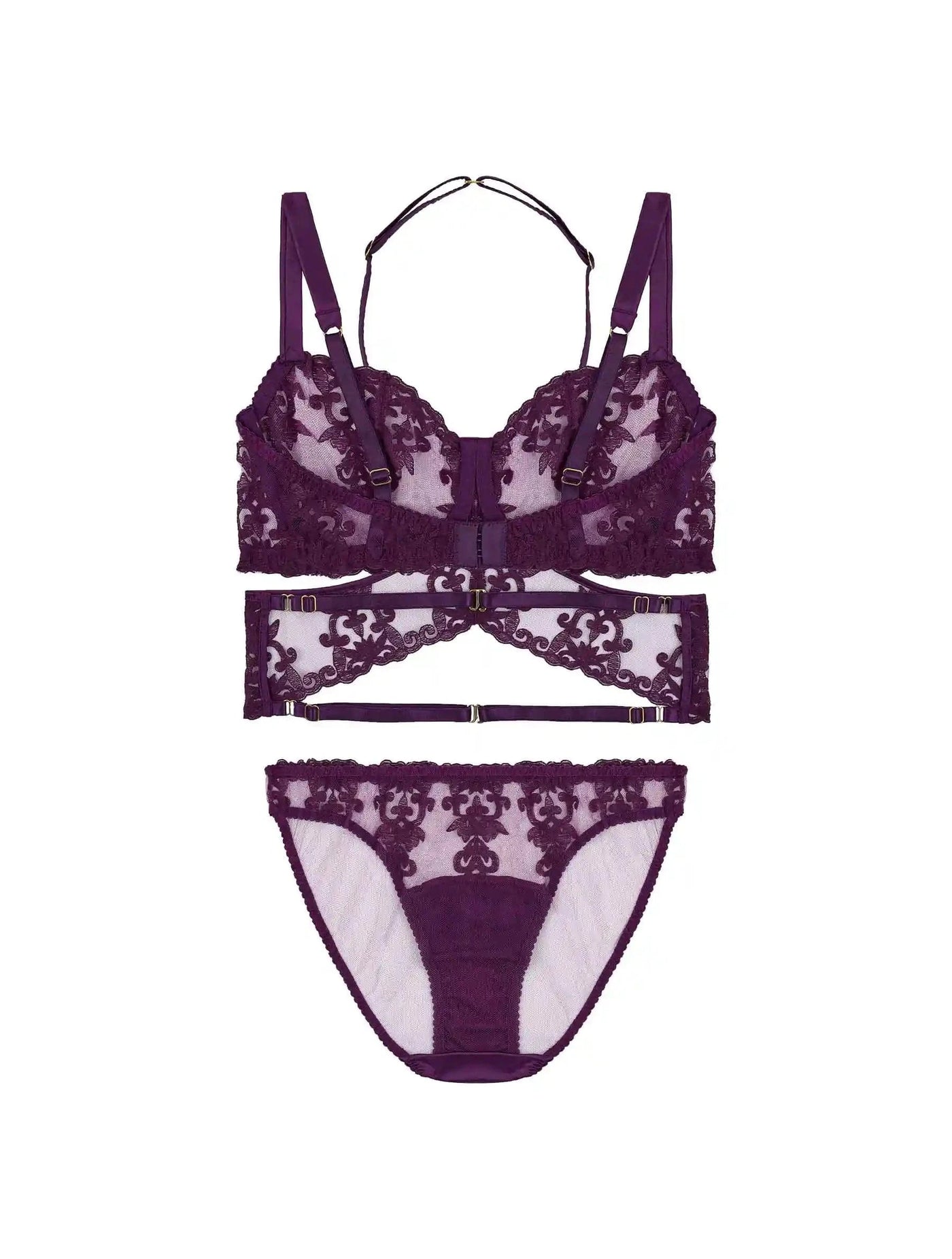 Back View of FleurOfEngland Purple Luxury Underwired Balcony Bra,Harness & Brief Set