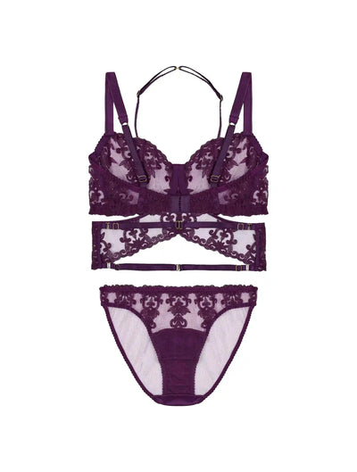 Back View of FleurOfEngland Purple Luxury Underwired Balcony Bra,Harness & Brief Set