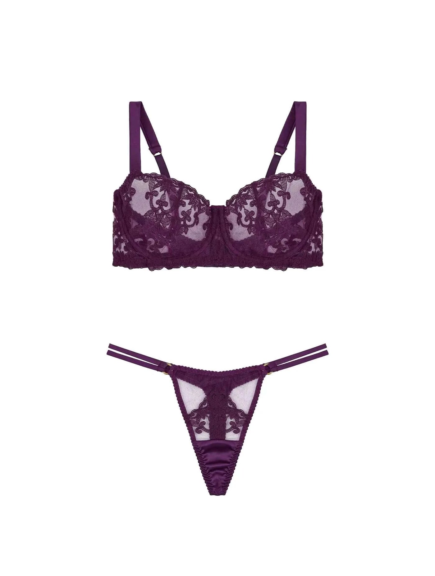 Front view of FleurOfEngland Purple Luxury Underwired Balcony Bra & Double Strap Thong Set