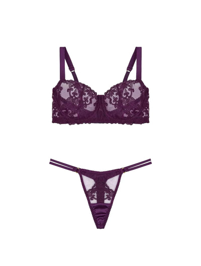 Front view of FleurOfEngland Purple Luxury Underwired Balcony Bra & Double Strap Thong Set