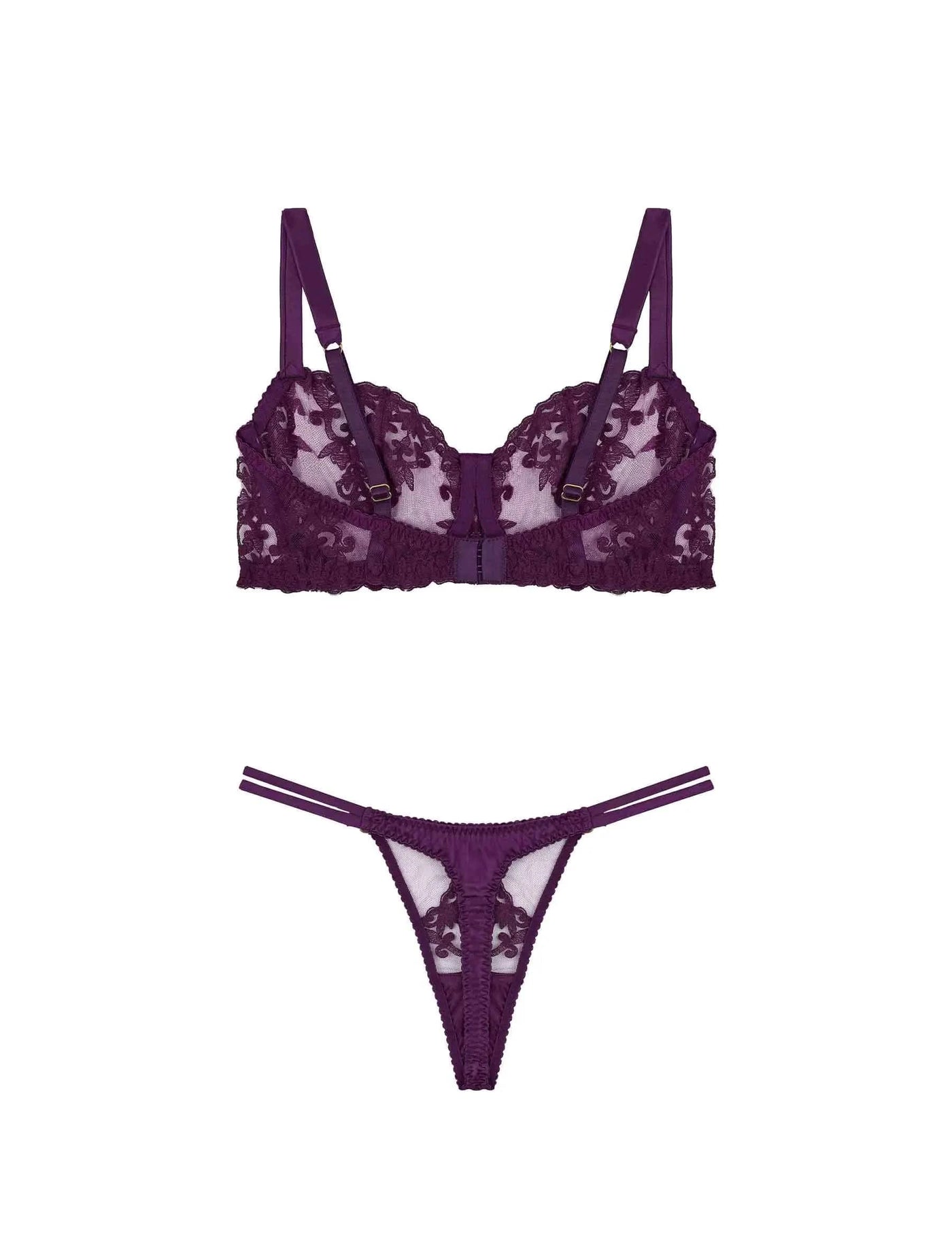 Back view of FleurOfEngland Purple Luxury Underwired Balcony Bra & Double Strap Thong Set