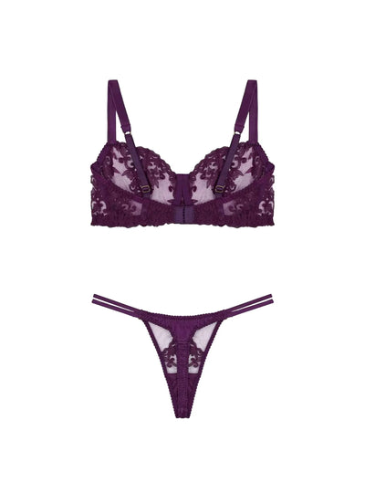 Back view of FleurOfEngland Purple Luxury Underwired Balcony Bra & Double Strap Thong Set