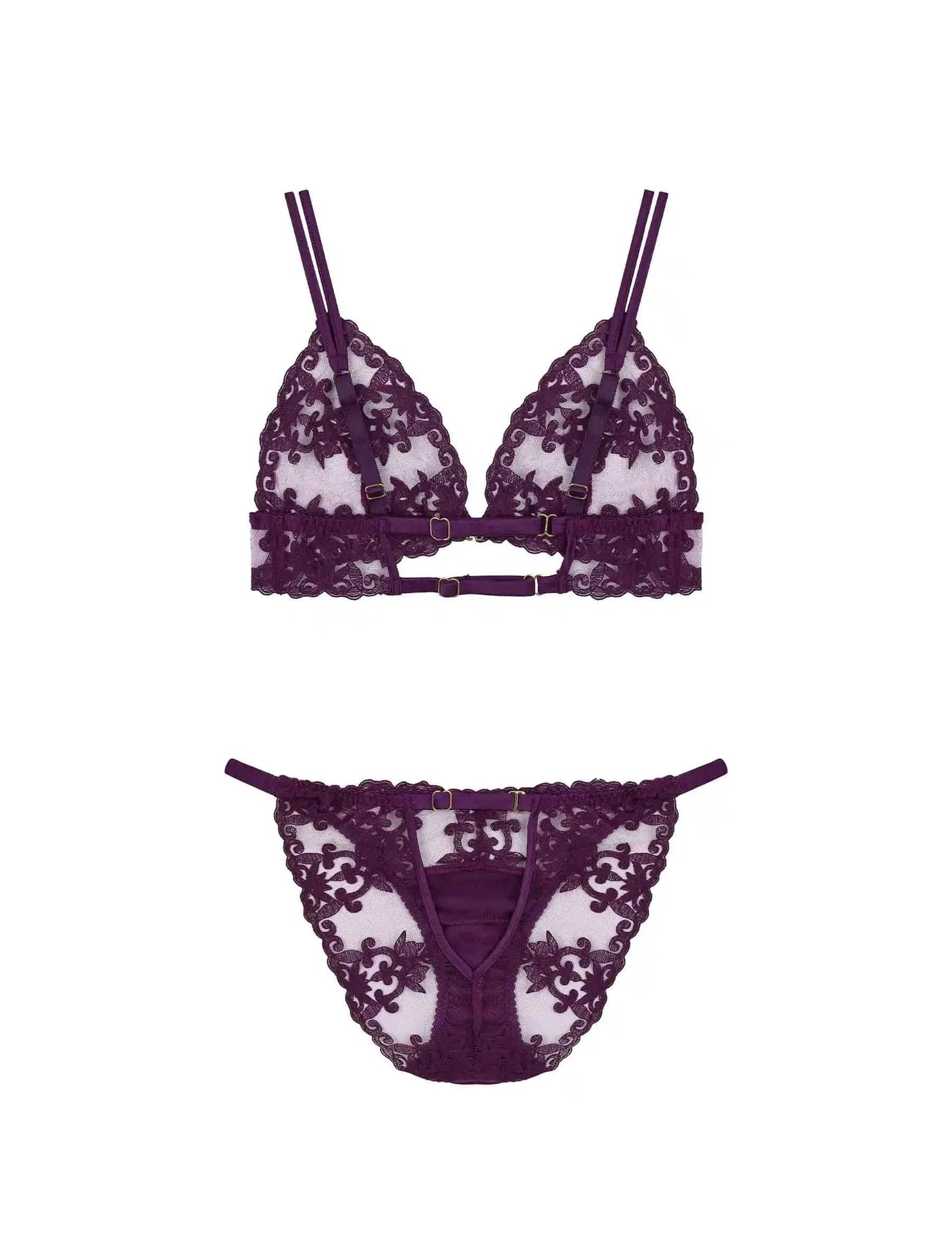 Back View of FleurOfEngland Purple Luxury Wireless Boudoir Bra & Open Back Ouvert Brief Set