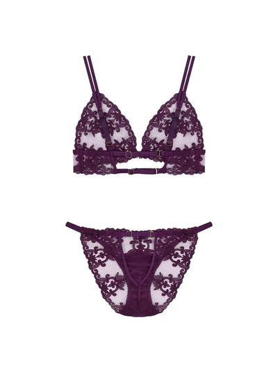 Back View of FleurOfEngland Purple Luxury Wireless Boudoir Bra & Open Back Ouvert Brief Set