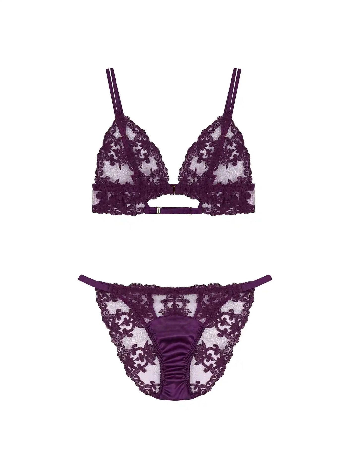 Front view of FleurOfEngland Purple Luxury Wireless Boudoir Bra & Open Back Ouvert Brief Set