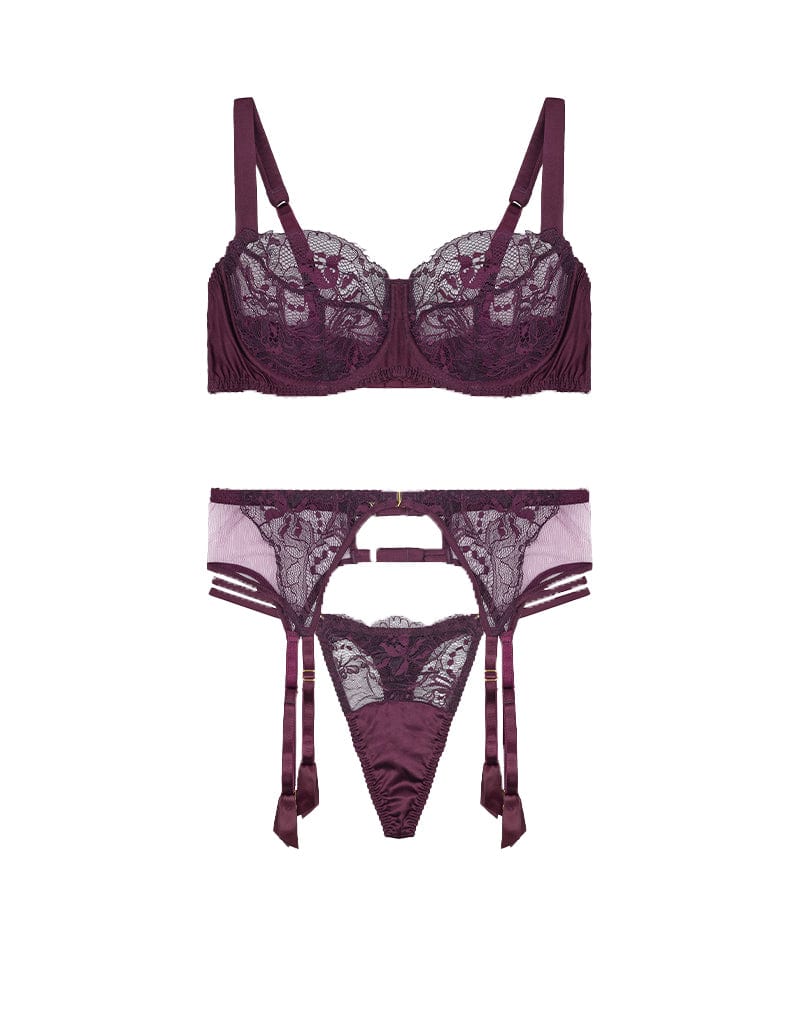 Fleur of England Eliza Luxury Lace Balcony Bra, Double Strap Thong & Suspender Belt