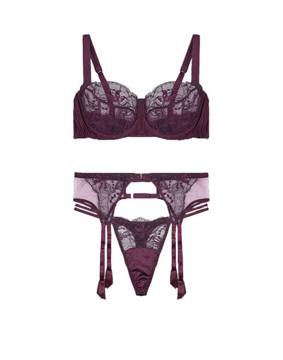 Fleur of England Eliza Luxury Lace Balcony Bra, Double Strap Thong & Suspender Belt