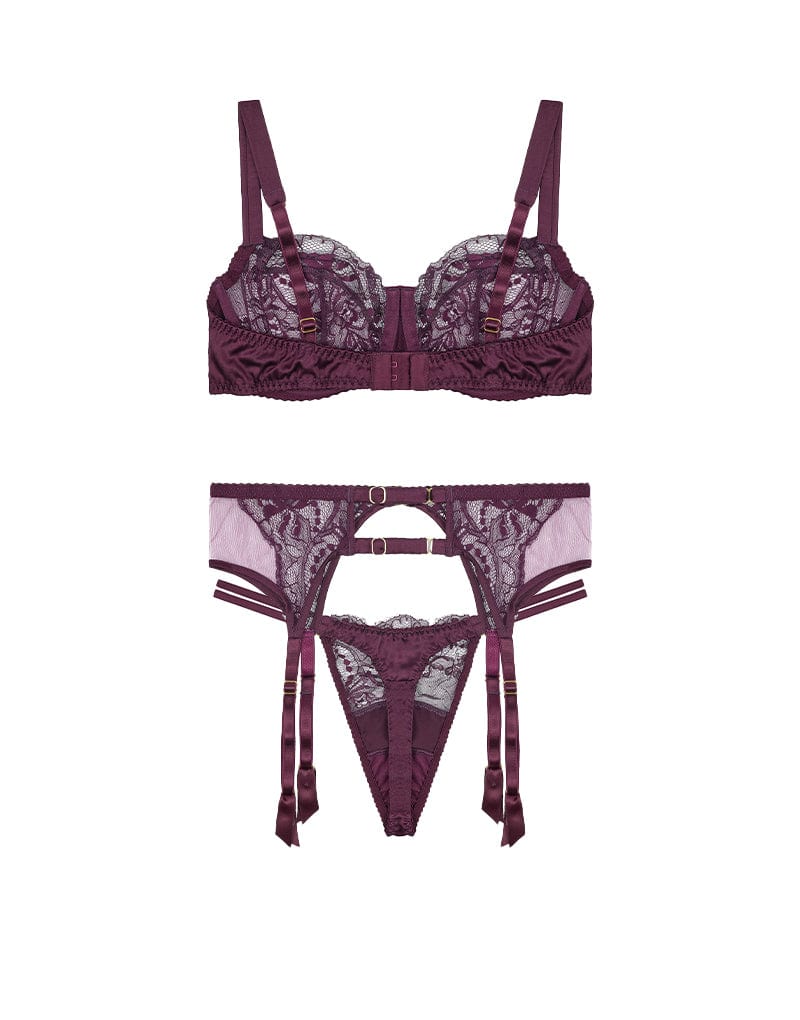Eliza Lace Balcony Bra, Double Strap Thong & Garter Belt Fleur of England Eliza Lace Balcony Bra, Double Strap Thong & Garter Belt Fleur of England