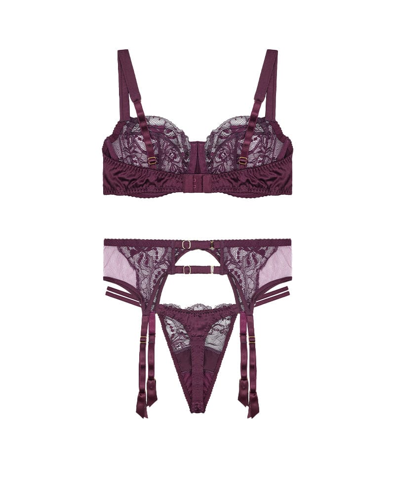 Fleur of England Eliza Luxury Lace Balcony Bra, Double Strap Thong & Suspender Belt