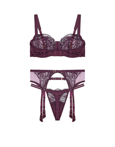 Fleur of England Eliza Luxury Lace Balcony Bra, Double Strap Thong & Suspender Belt