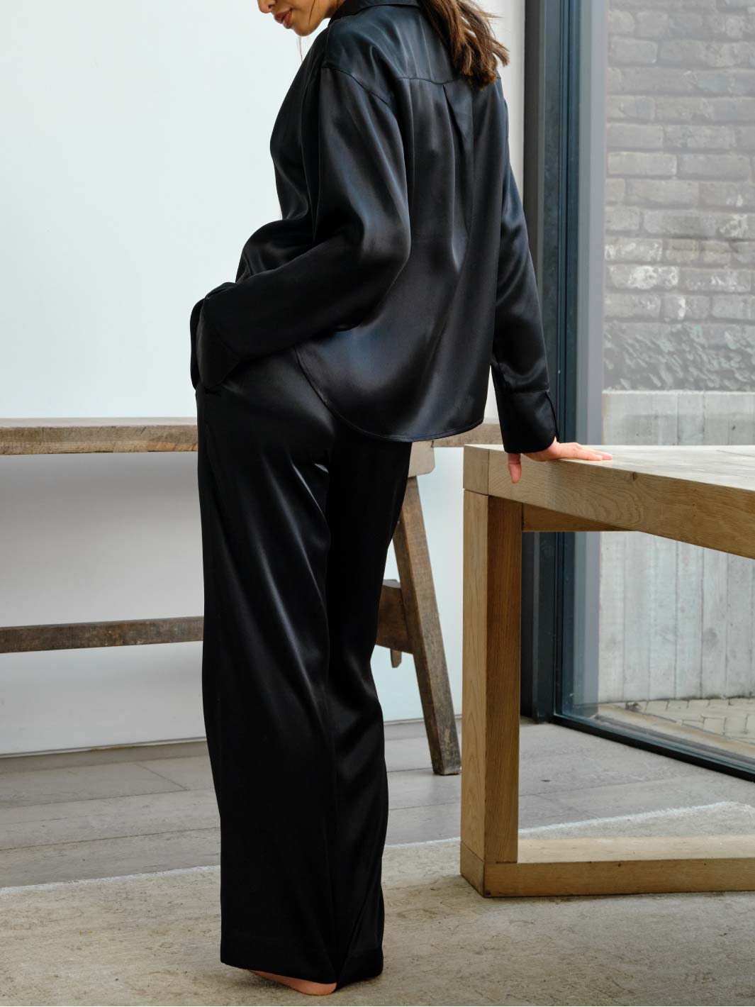 Women's Black Modal Viscose Pajama Set - Long Sleeve & Pants With Chic White Collar & Trim - Super Soft & Breathable Sleepwear
