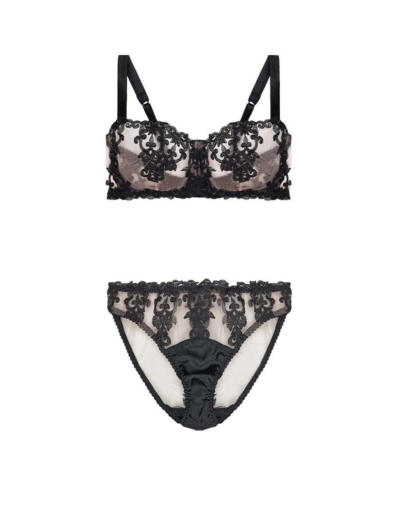 Front view of luxury Onyx  Balcony Bra & Brief with bespoke embroidery and sheer Italian tulle by Fleur of England