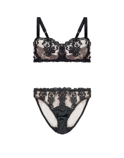 Front view of luxury Onyx  Balcony Bra & Brief with bespoke embroidery and sheer Italian tulle by Fleur of England