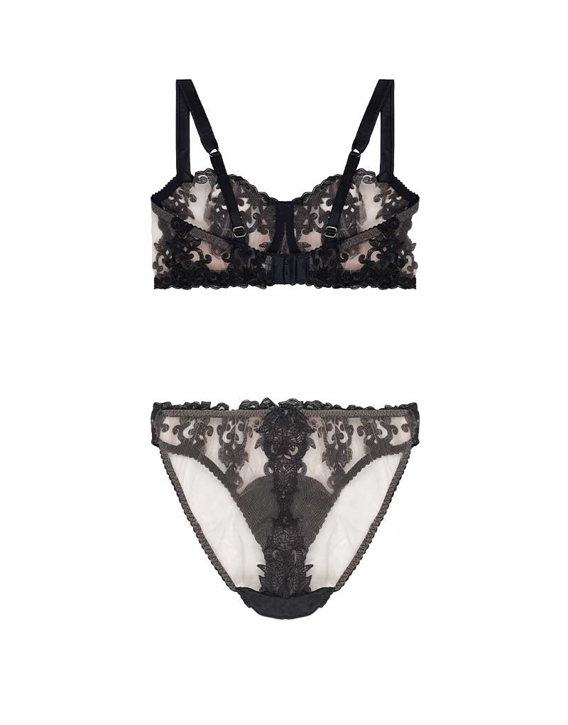 Back view of luxury Onyx  Balcony Bra & Brief with bespoke embroidery and sheer Italian tulle by Fleur of England