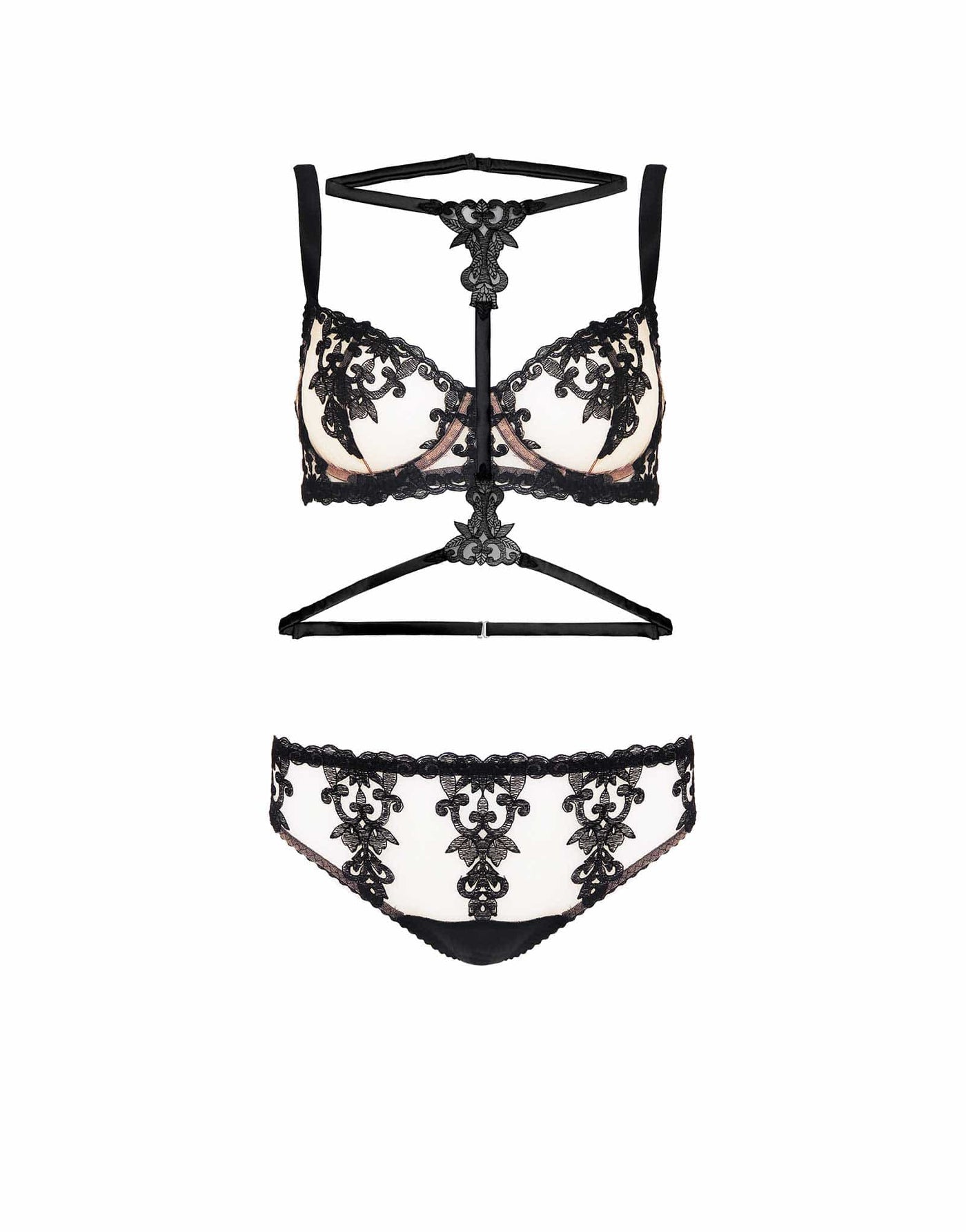 Front view of the Luxury Onyx Balcony Bra, Brief & Harness with bespoke embroidery and sheer tulle by Fleur of England