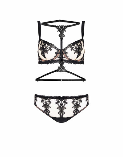 Fleur of England Luxury Lingerie Onyx Balcony Bra, Embroidered Brief & Harness