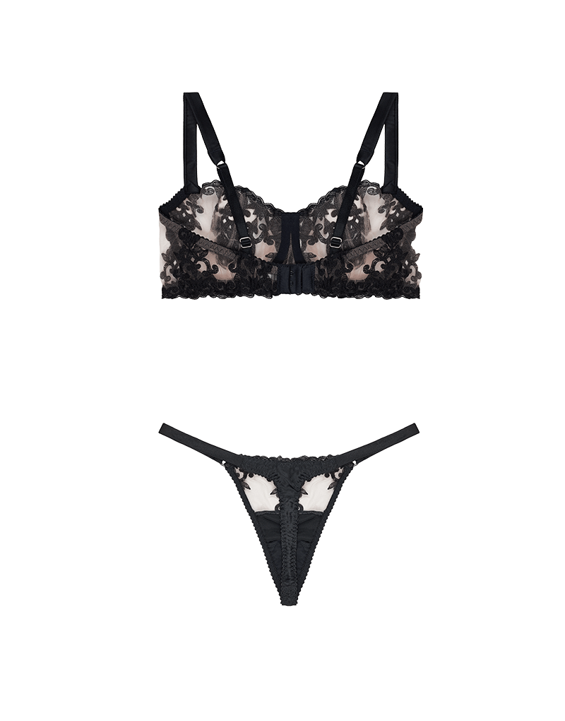 Back view of the Luxury Onyx Balcony Bra & Strap Thong with bespoke embroidery and silk details by Fleur of England