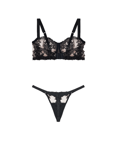 Back view of the Luxury Onyx Balcony Bra & Strap Thong with bespoke embroidery and silk details by Fleur of England