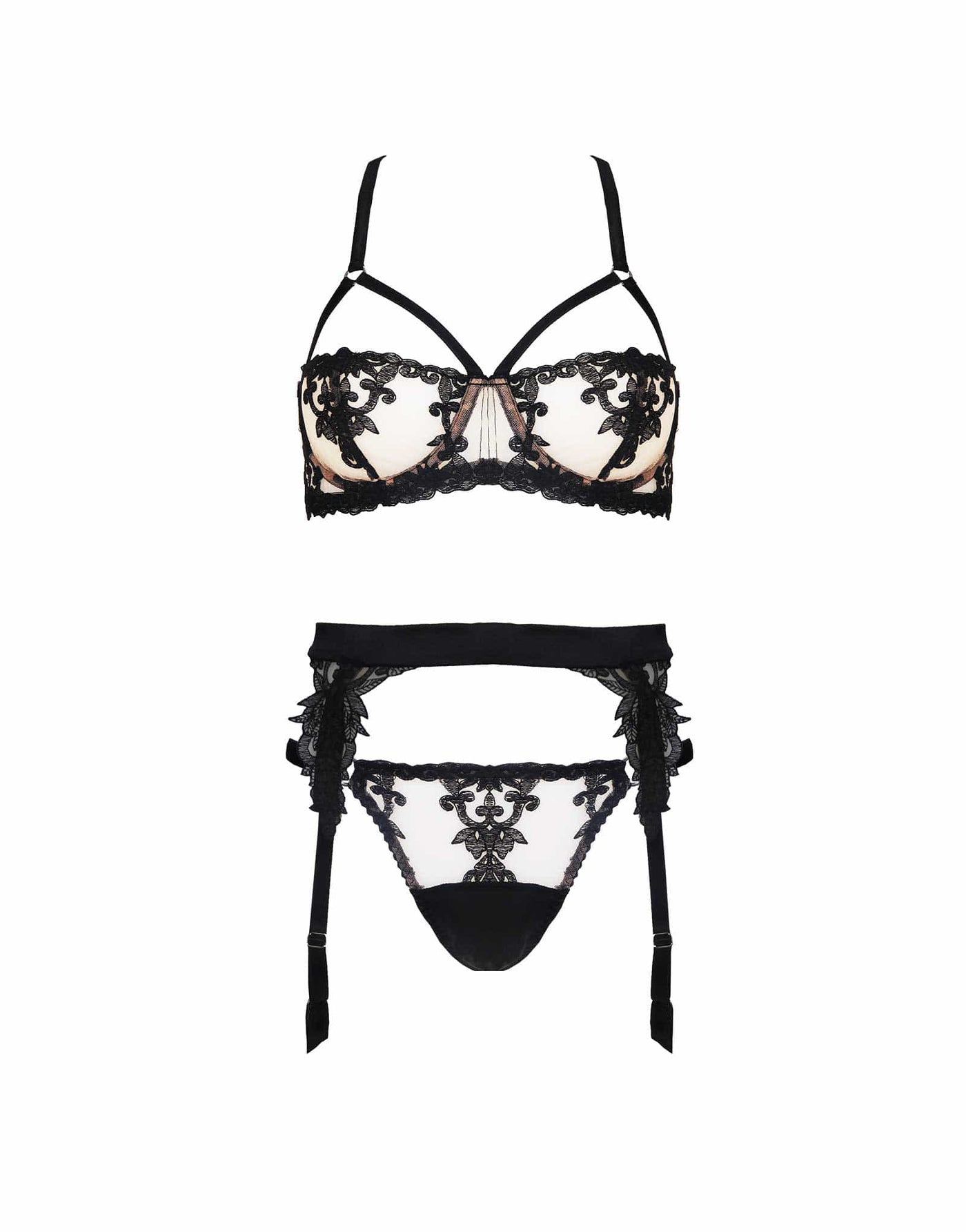 Fleur of England Onyx Luxury Strap Balcony Bra, Strap Thong & Suspender Belt