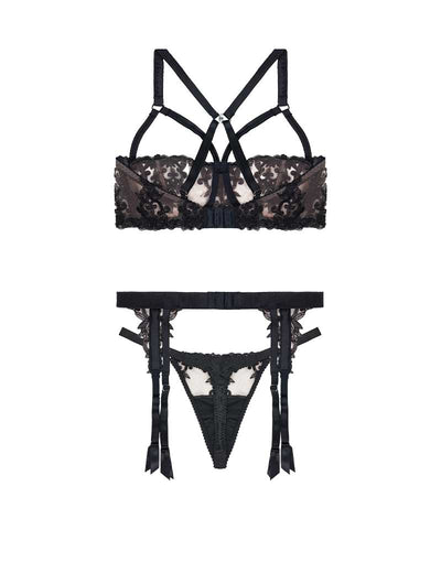 Fleur of England Onyx Luxury Strap Balcony Bra, Strap Thong & Suspender Belt