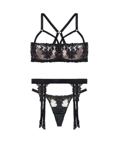 Fleur of England Onyx Luxury Strap Balcony Bra, Strap Thong & Suspender Belt