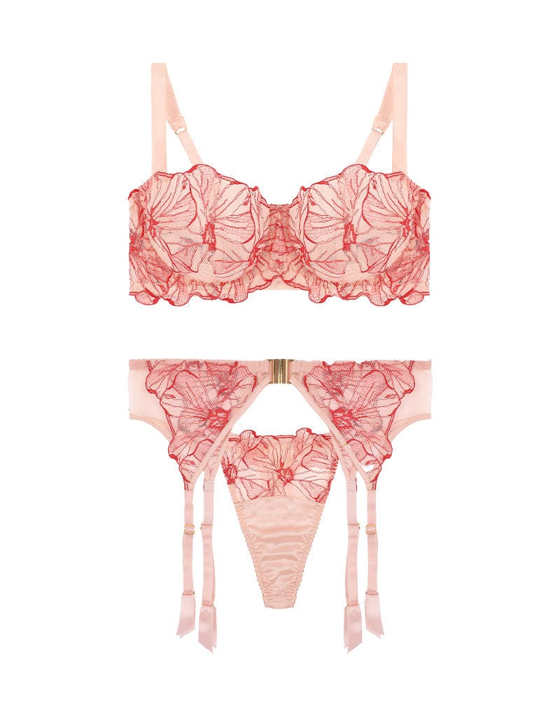 Front view of luxury Pink & Red Floral Design Silk & Tulle Underwired bra, Strap Thong and Suspender Belt