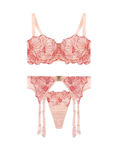 Front view of luxury Pink & Red Floral Design Silk & Tulle Underwired bra, Strap Thong and Suspender Belt