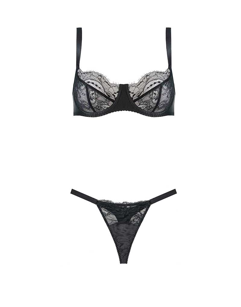 Front view of luxury black lace Signature Balcony bra and silk strap thong lingerie set by Fleur of England