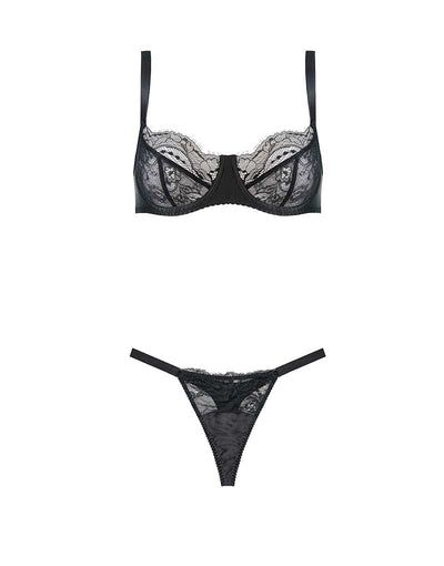 Fleur of England Signature Black Luxury Lace Balcony Bra & Strap Thong