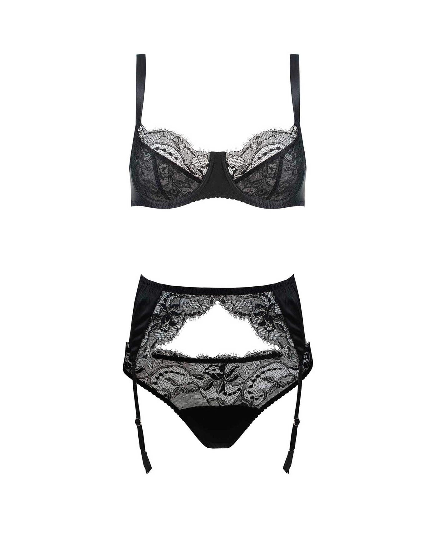 Fleur of England Signature Black Luxury Lace Balcony Bra, Thong and Suspender Belt