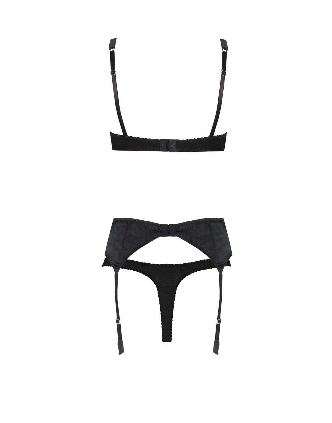 Fleur of England Signature Black Luxury Lace Balcony Bra, Thong and Suspender Belt