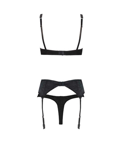 Fleur of England Signature Black Luxury Lace Balcony Bra, Thong and Suspender Belt