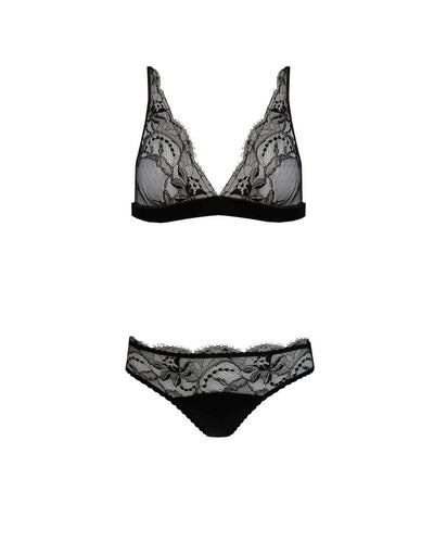 Front view of Black Luxury Boudoir Bra & Ouvert Brief lingerie set with floral lace detail by Fleur of England