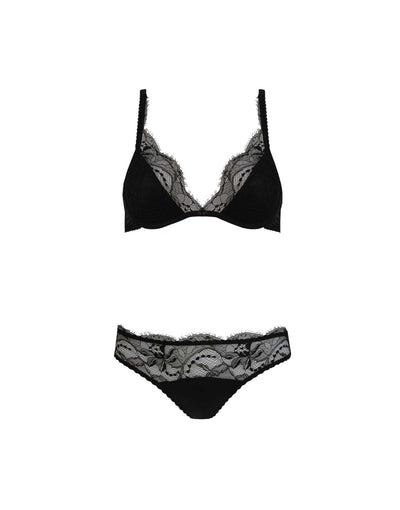 Front view of luxury black floral lace Signature padded plunge bra and lace brief lingerie set by Fleur of England