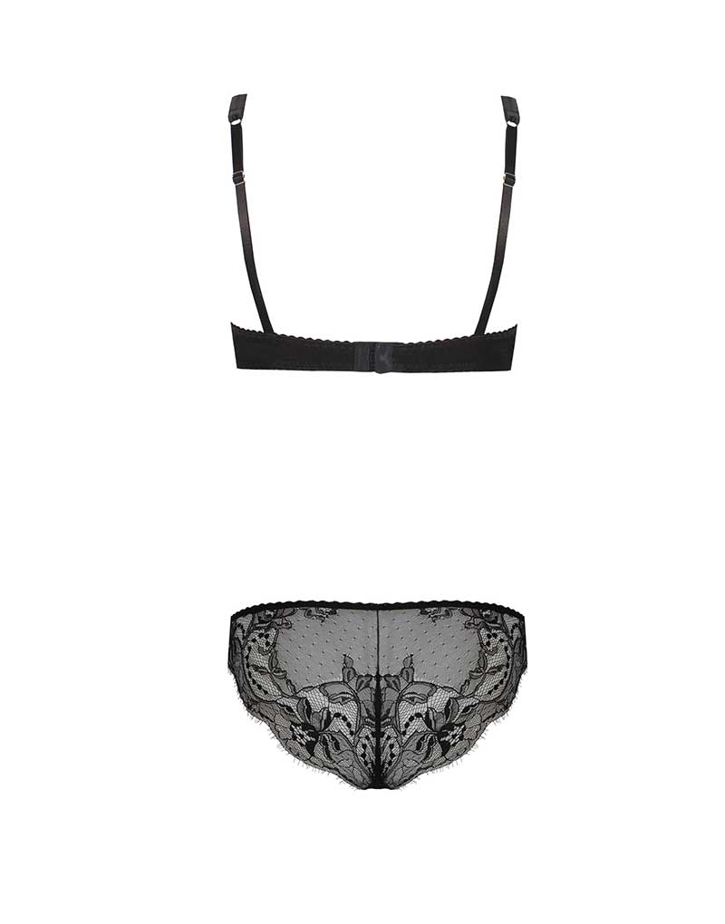 Fleur of England Signature Black Luxury Padded Plunge Bra & Lace Brief