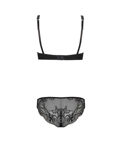 Back view of luxury black floral lace Signature padded Plunge Bra and lace Brief lingerie set by Fleur of England