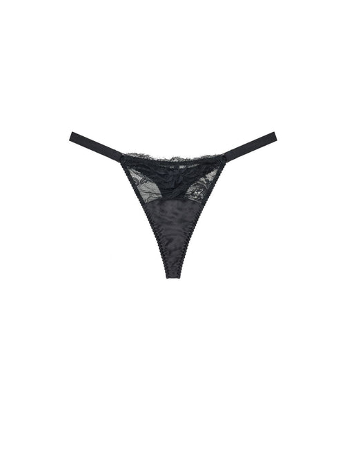 Front view of luxury black lace and silk thong with intricate floral detailing by Fleur of England