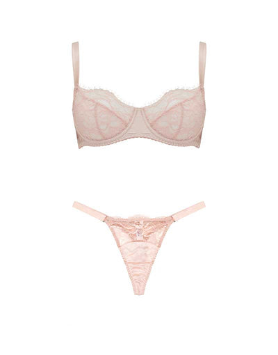 Front view of Blush Luxury Lace Balcony Bra & Thong lingerie set with French eyelash lace detailing by Fleur of England