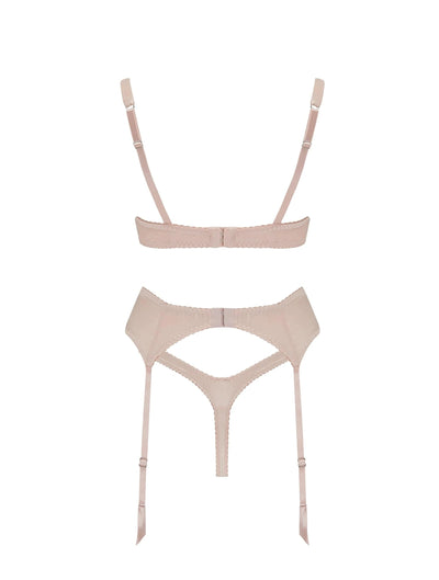 Fleur of England Signature Blush Lace Balcony Bra, Thong & Suspender Belt