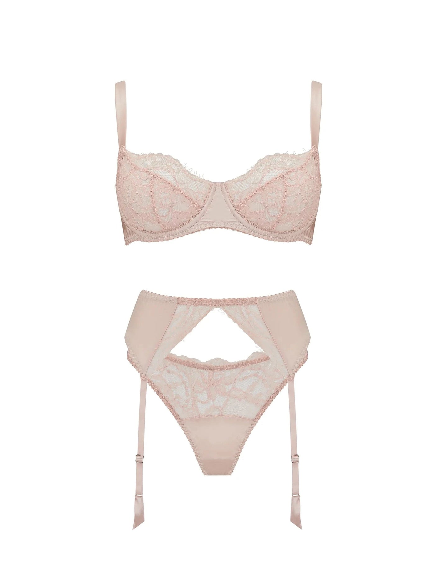 Fleur of England Signature Blush Lace Balcony Bra, Thong & Suspender Belt