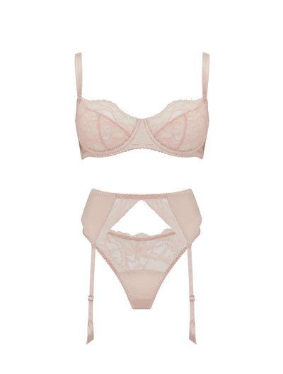 Fleur of England Signature Blush Lace Balcony Bra, Thong & Suspender Belt